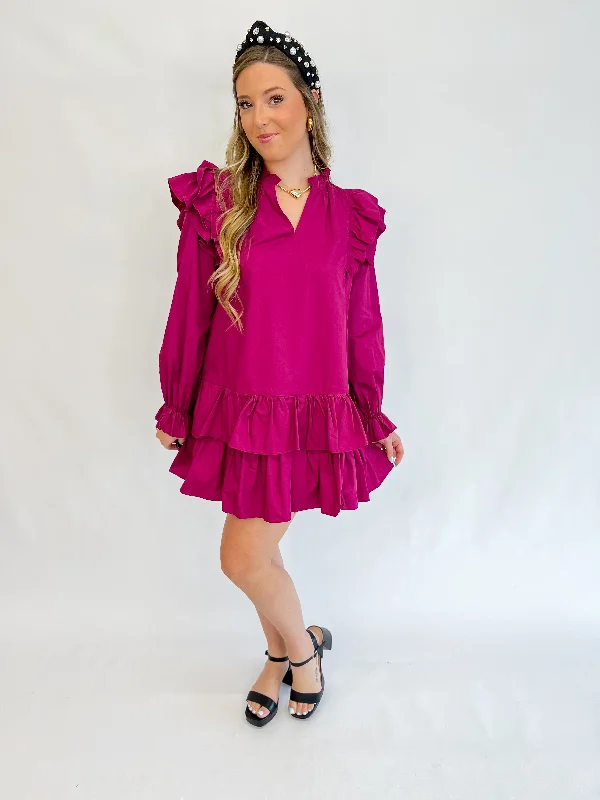 Plum Poplin Ruffle Dress