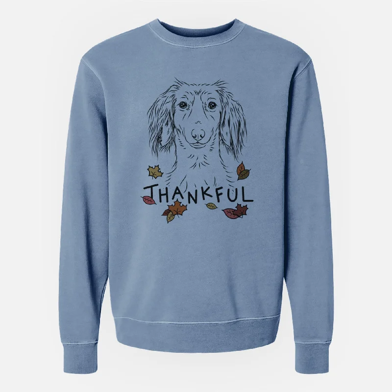 Thankful Roux the Long Haired Dachshund - Unisex Pigment Dyed Crew Sweatshirt