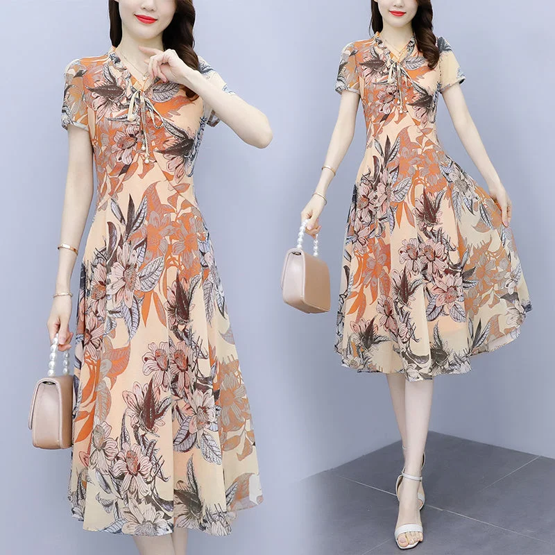 Plus Size Floral Orange Chiffon Midi Dress