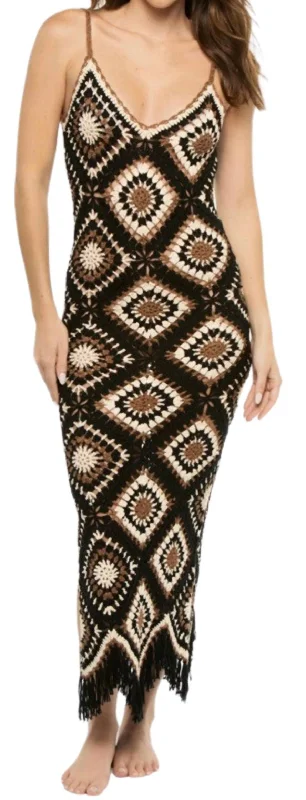 Crochet Midi Tank Dress In Black Multi