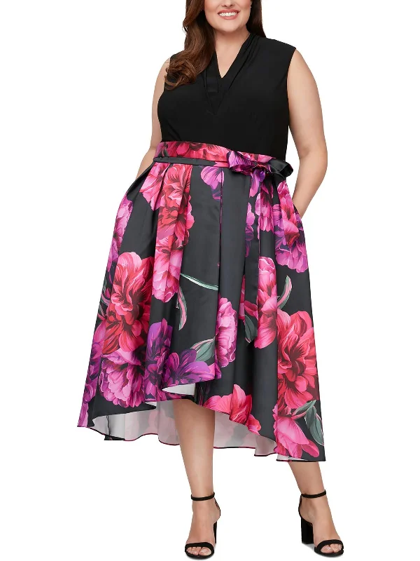 Plus Womens Floral Print Polyester Fit & Flare Dress