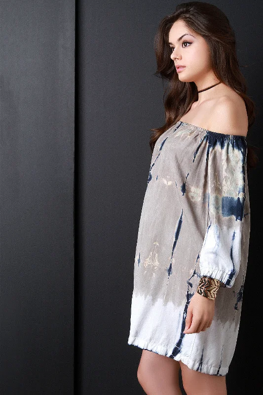 Chambray Contrast Tie Dye Off The Shoulder Dress