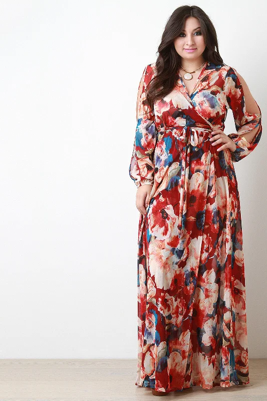 Floral Printed Mesh Slit Sleeve Wrap Maxi Dress