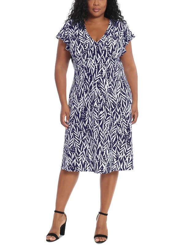 Plus Womens Ruffled Sleeve Printed Fit & Flare Dress