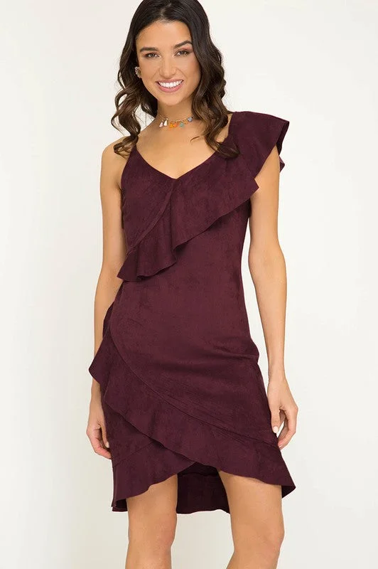 Ruffle Suede Dress (Wine)