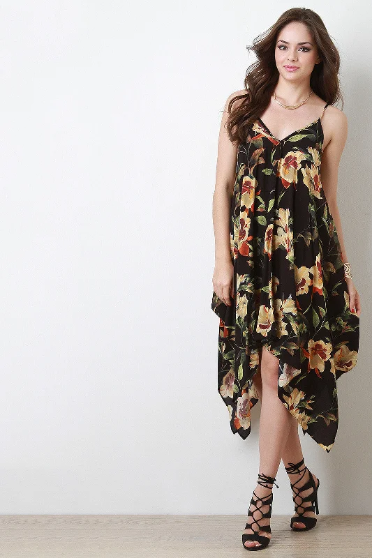 Floral Sleeveless Handkerchief Hem Trapeze Dress