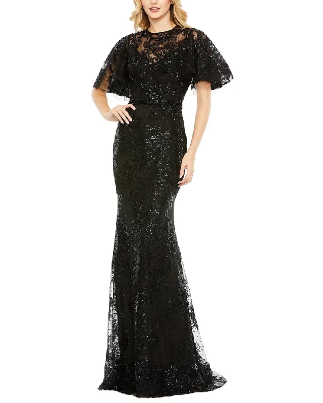 Mac Duggal Embellished Flutter Sleeve High Neck Gown