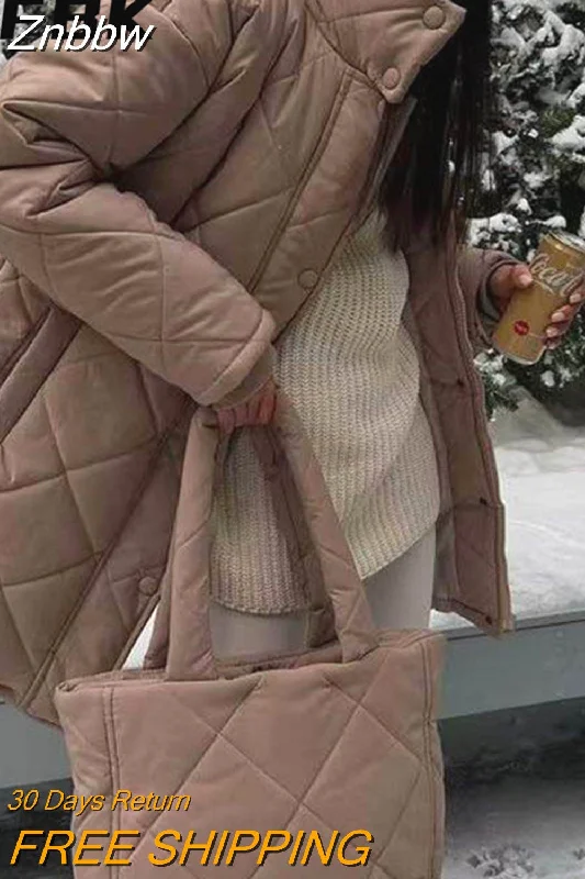 Znbbw Jackets Winter Turn Down Collar Overcoat With Bags Casual Loose Outwear Long Breasted Elegant Warm Thickened Coats Parkas