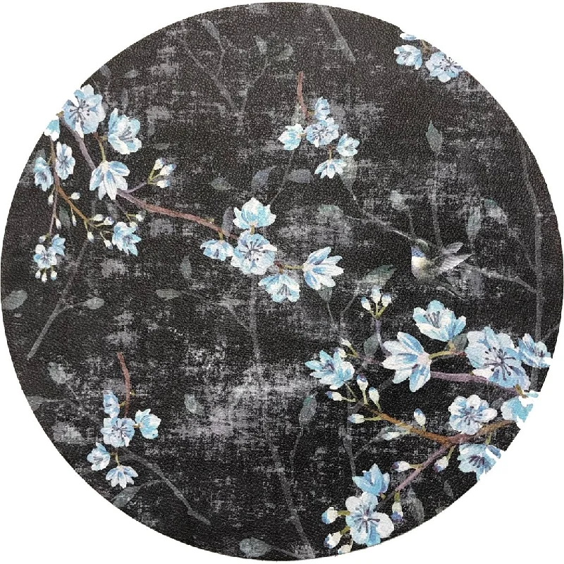 Blossom Fantasia Black Blue 16 Round Pebble Placemats, Set Of 4