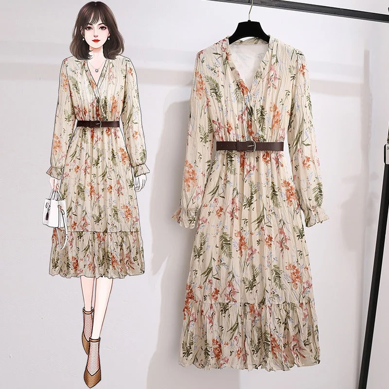 Plus Size Floral Crinkle Wrap V Neck Belt Long Sleeve Midi Dress