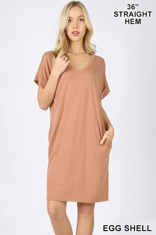 Rolled Sleeve V-Neck Dress (Egg Shell)