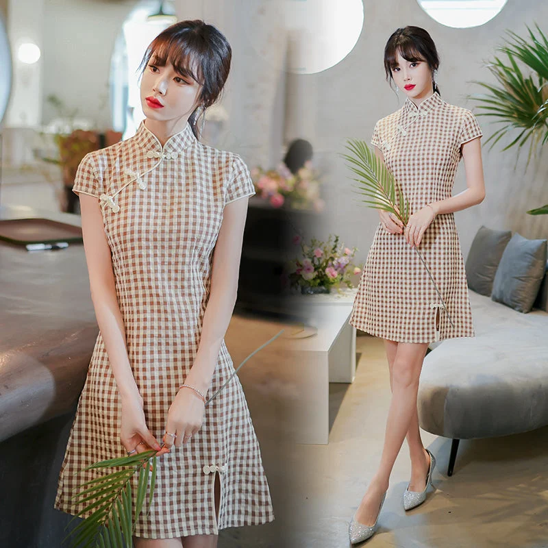 Plus Size Checked Cap Sleeve Cheongsam Dress