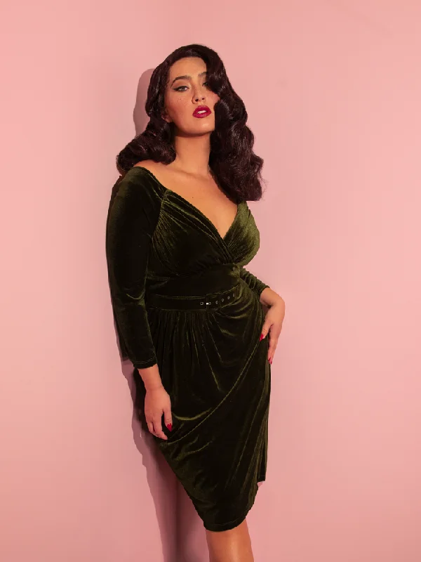 Starlet Wiggle Dress in Olive Green Velvet - Vixen by Micheline Pitt