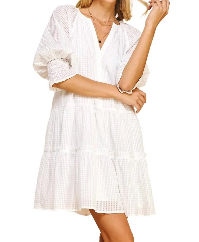 3/4 Sleeve Tiered Dress In White