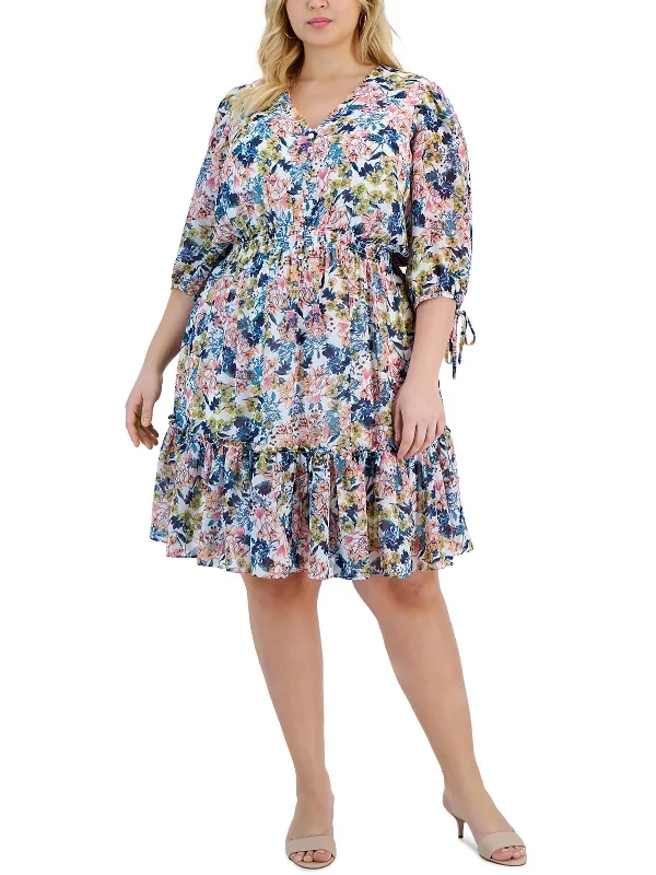 Plus Womens Knee Length Floral Print Fit & Flare Dress