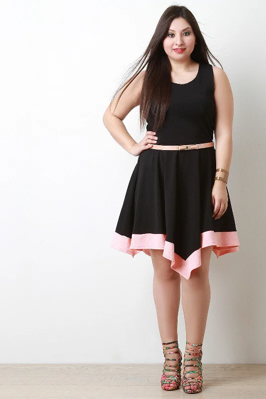 Contrast Belted Sleeveless Handkerchief Hem Fit And Flare Dress