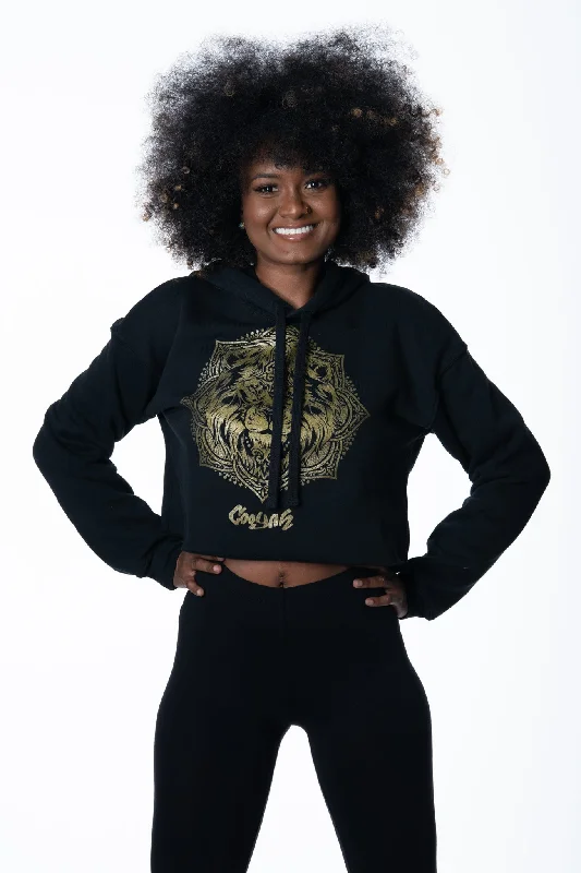 Lion Mandala Cropped Hoodie with Metallic Print