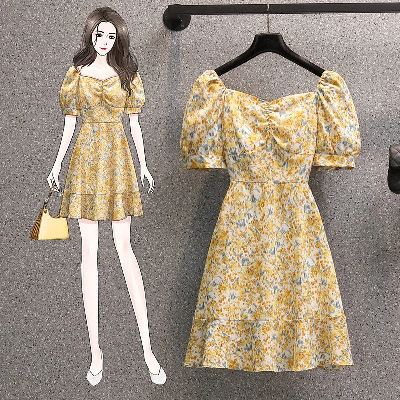 Plus Size Yellow Floral Square Neck Dress