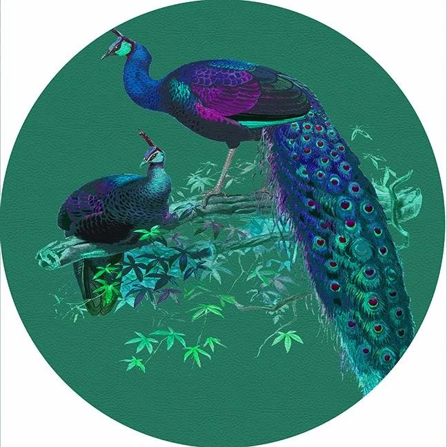 Family Pheasants Peacock 16" Round Pebble Placemat Set of 4