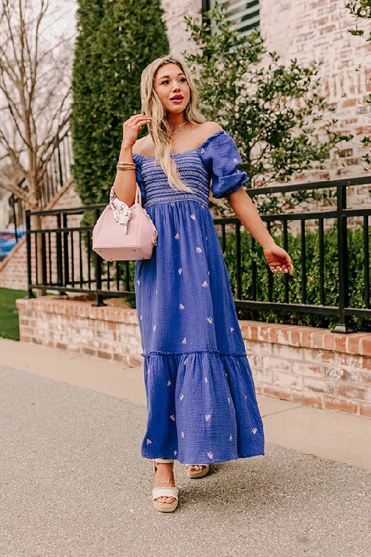 Farmers Market Stroll Smocked Maxi in Indigo