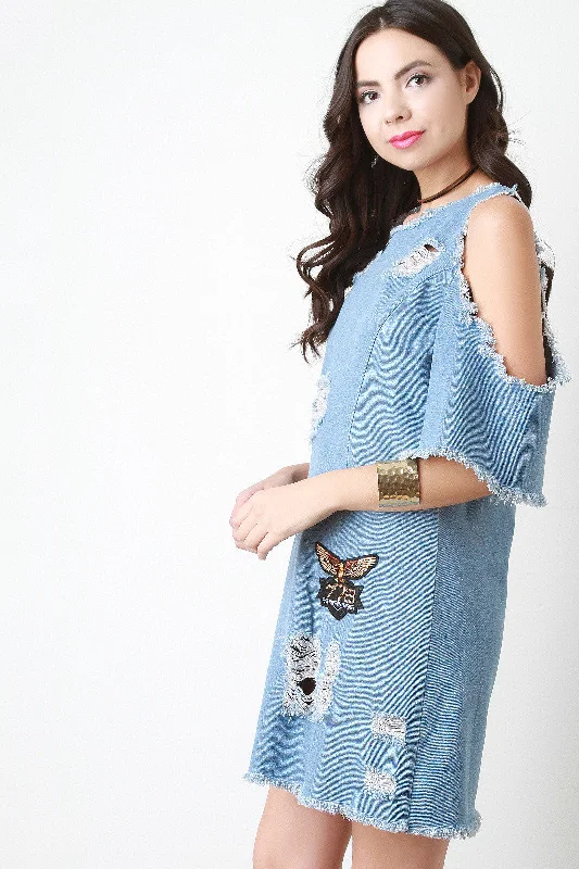 Distressed Denim Patch Shift Dress