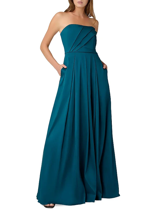 Womens Pleated Strapless Evening Dress