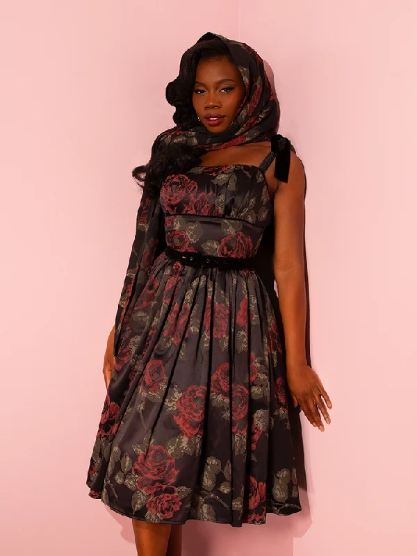 1950s Satin Swing Sundress and Scarf in Black Vintage Roses - Vixen by Micheline Pitt