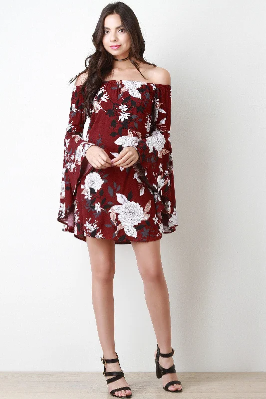 Floral Print Bell Sleeve Off-The-Shoulder Shift Dress