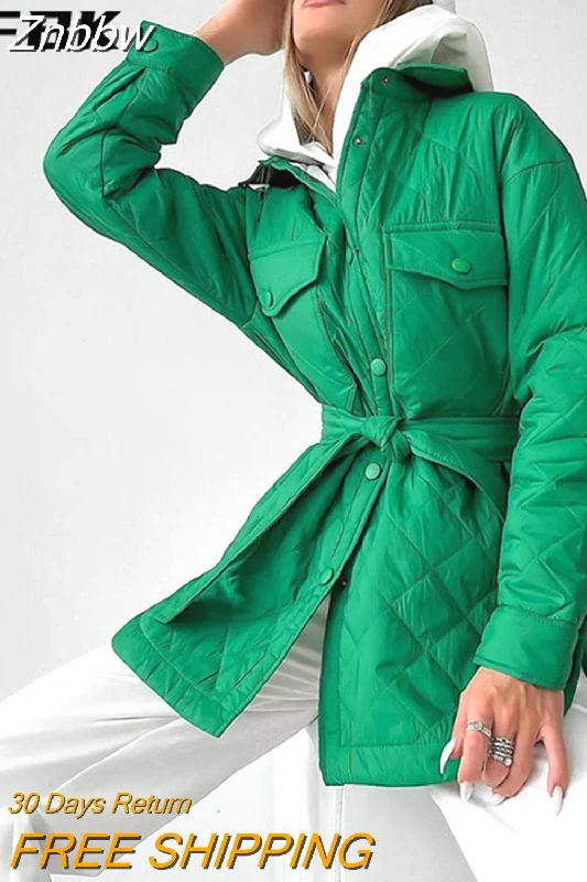 Znbbw Jacket Women 2023 Green Long Breasted Lapel Thickened Cotton Coat urn Down Collar Belt Straight Overcoat Casual Parkas