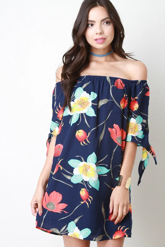 Floral Print Tie Sleeve Off-The-Shoulder Shift Dress