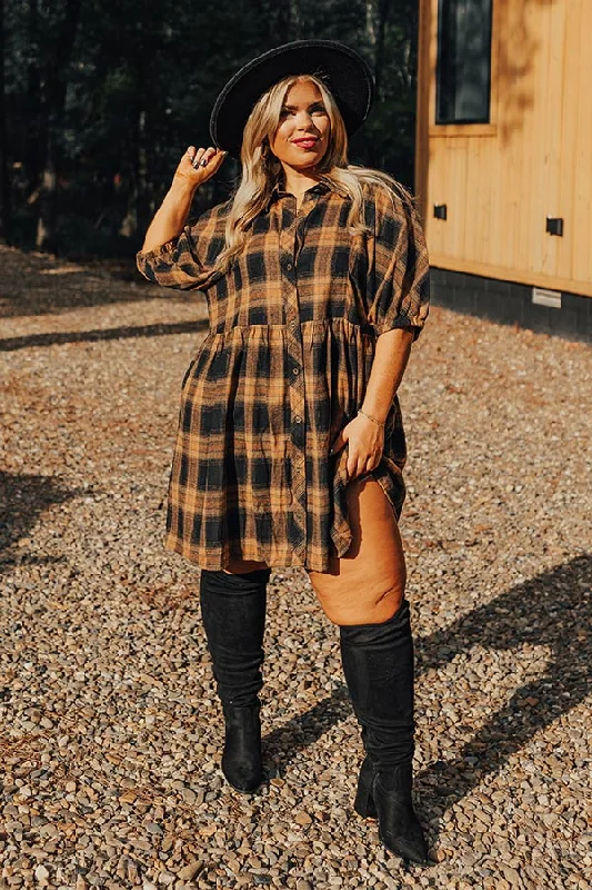 Never Pretend Plaid Dress In Camel Curves